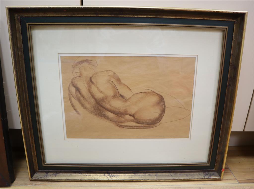 John Skeaping (1901-1980), brown chalk on buff paper, Reclining nude, signed and dated Rome /26, 23 x 36cm